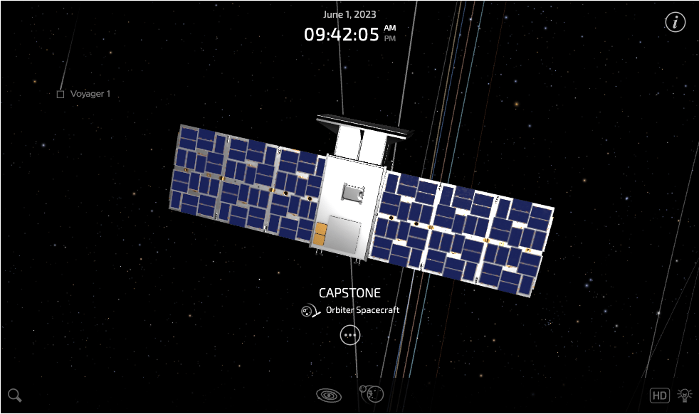 This is a screencapture from a spacecraft tracking app. A digital rendering of the CAPSTONE spacecraft is large and in the center of the image, with the sun reflecting off of its extended solar panels. There are labels on the image indicating the presence of other spacecraft in the distant background, notating their relative orbits.