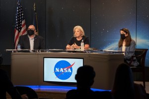 NASA’s Marshall Space Flight Center leaders address team members during a hybrid town hall July 13.