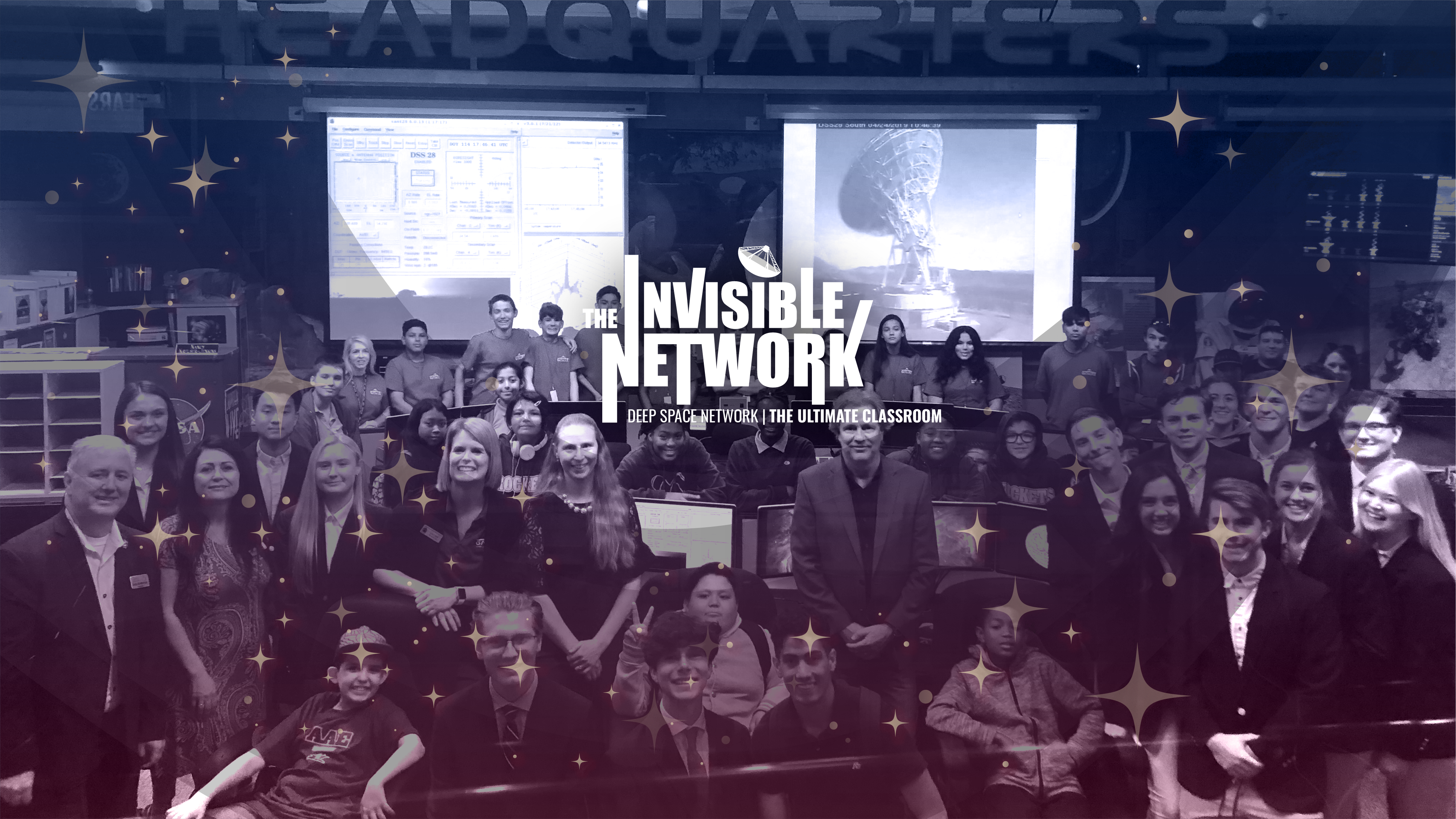 An image of students from the Lewis Center for Educational Research participating in the Goldstone Apple Valley Radio Telescope (GAVRT) program overlaid with elements from The Invisible Network podcast promotional graphics.