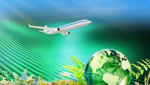 An artist illustration of an airplane in flight over a green composite material and a green globe with various plants on the ground.