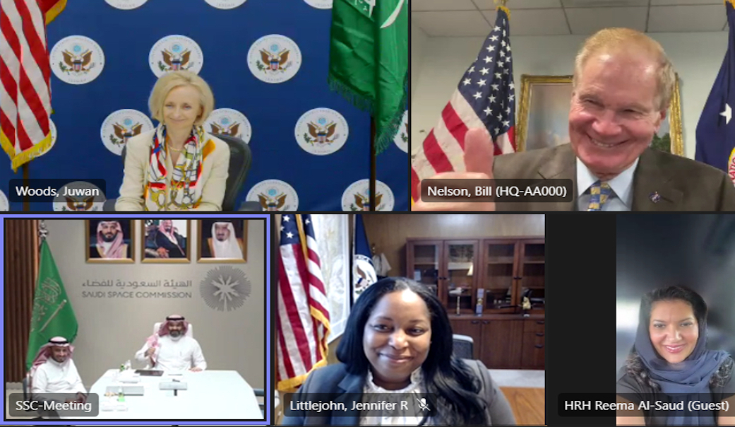 screen grab showing NASA Administrator Bill Nelson and others who participated in the virtual Artemis Accords signing ceremony for Saudi Arabia
