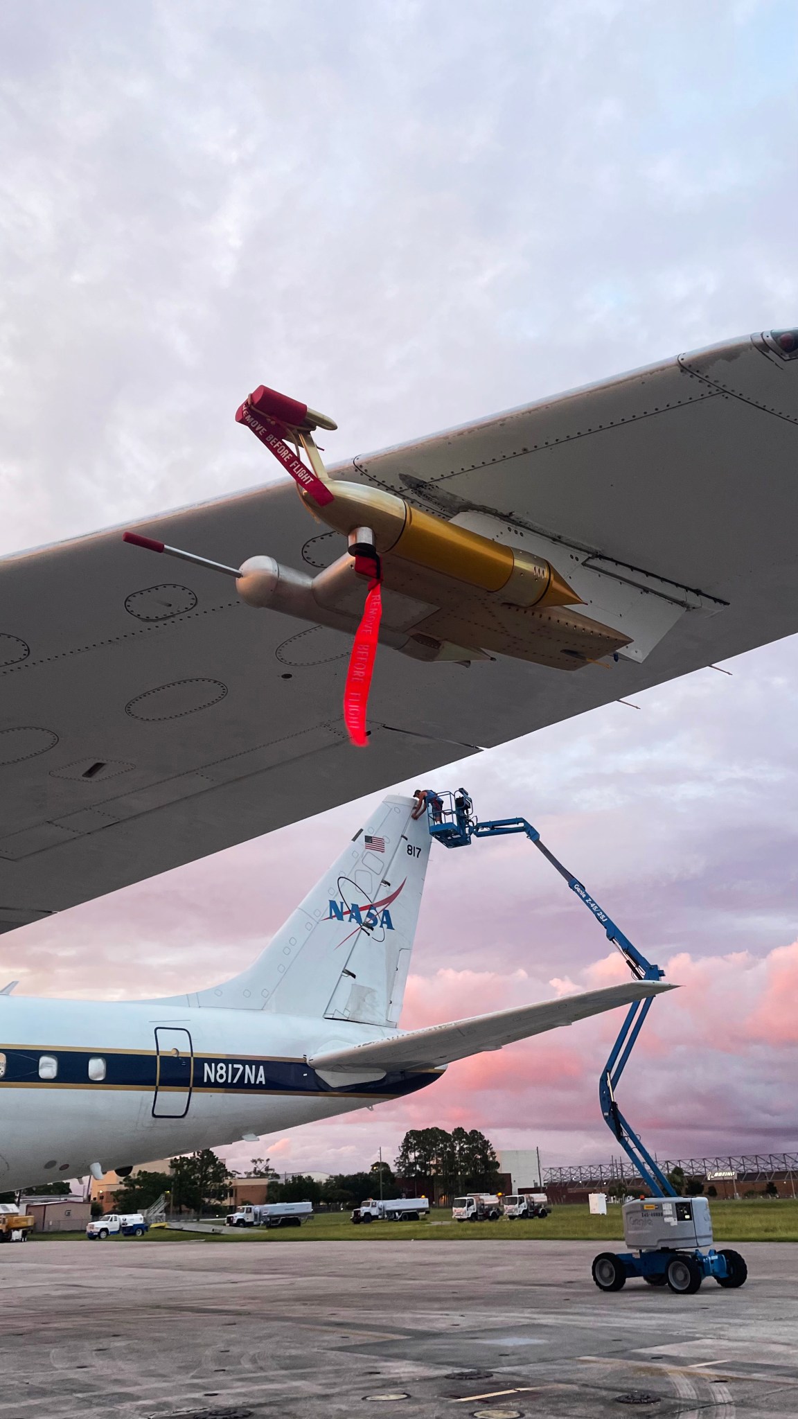 These tube-shaped instruments on the tip of the DC-8’s wing are used by NASA’s High Ice Water Content research activity to gather data on ice crystals.