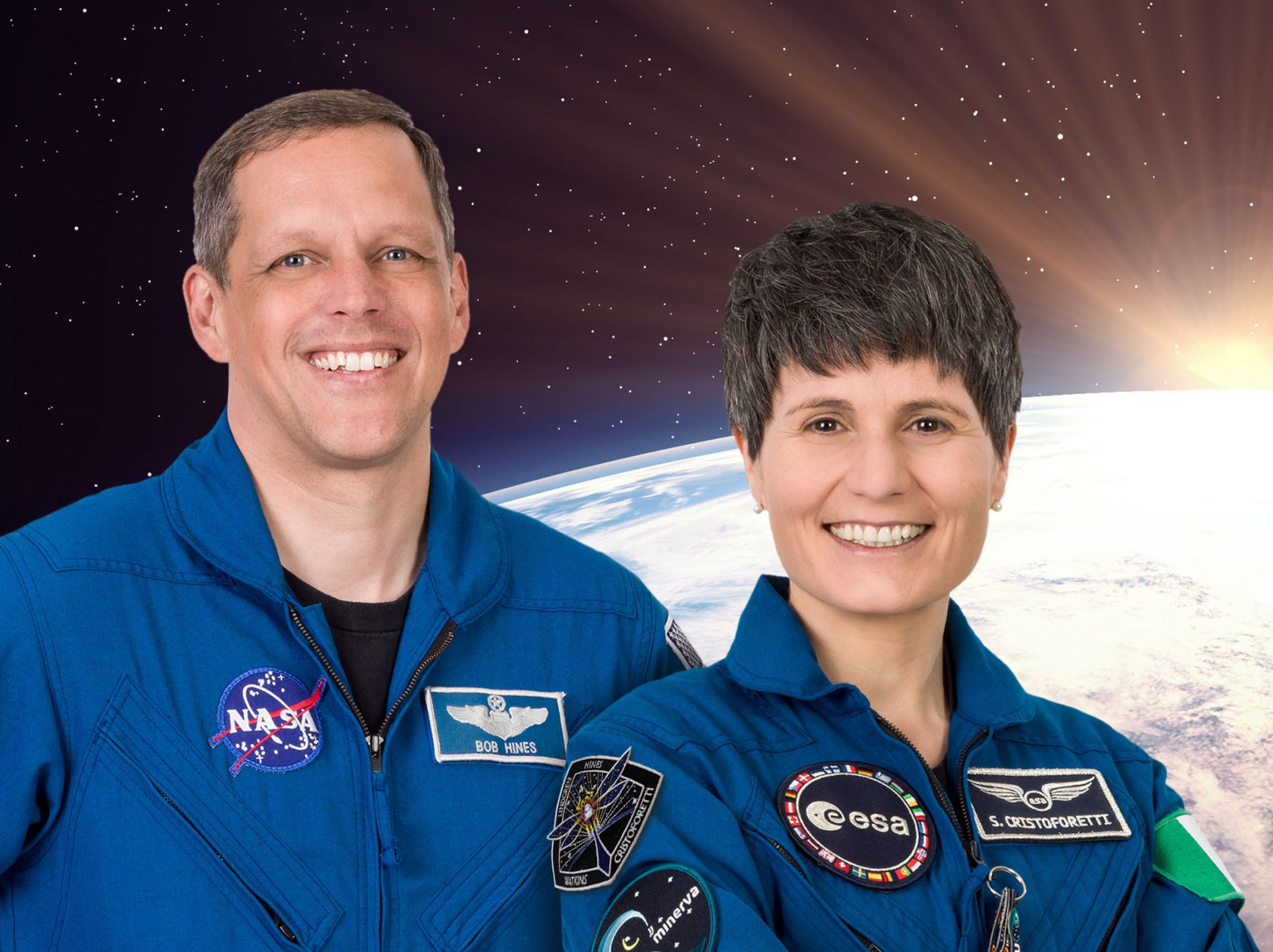 NASA astronaut Bob Hines and ESA (European Space Agency) astronaut Samantha Cristoforetti