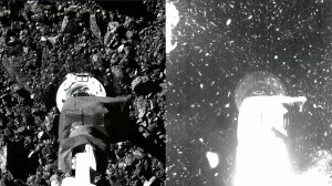 Images from NASA's OSIRIS-REx spacecraft of the robotic arm collecting a sample of asteroid Bennu