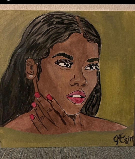 A painted portrait of a woman with dark skin and hair, wearing red lipstick and looking off camera.