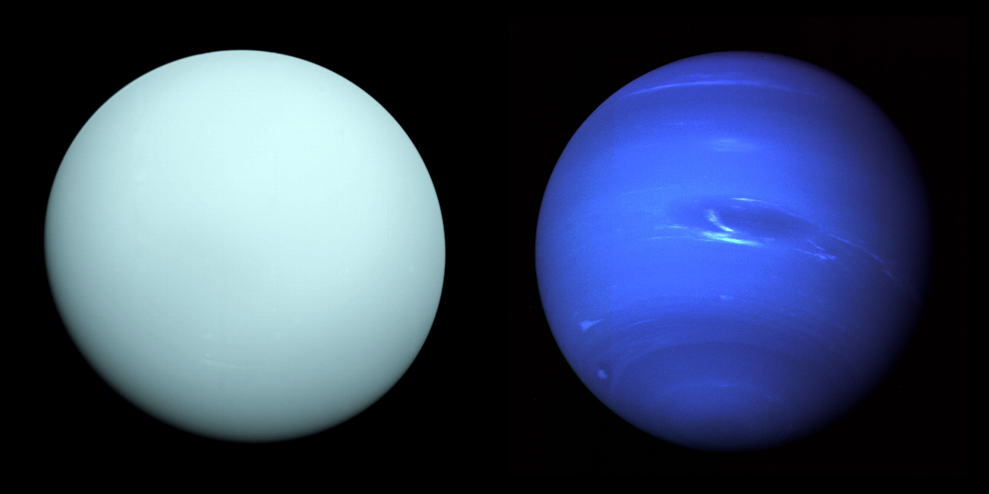 Side-by-side photos of Uranus and Neptune, both taken by Voyager 2.