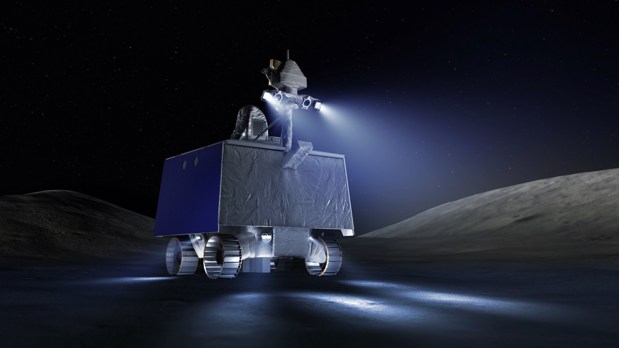 Illustration of NASA's Volatiles Investigating Polar Exploration Rover (VIPER) on the surface of the Moon