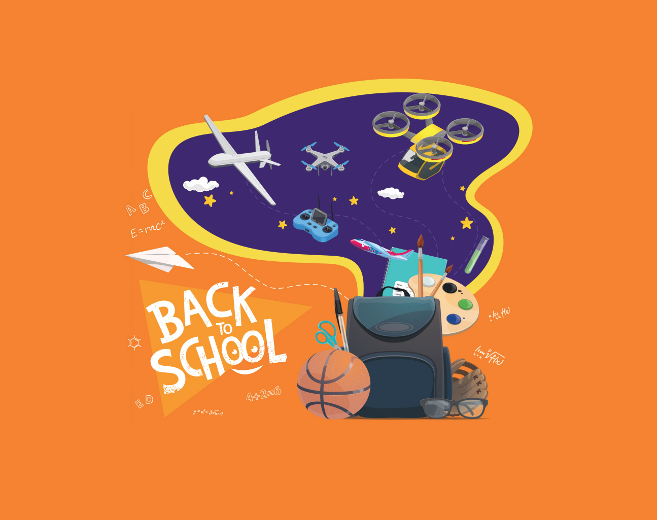 Artist illustration of Back to School with a bookbag, basketball, art supplies, aviation vehicles, glasses, math formulas and a paper airplane.