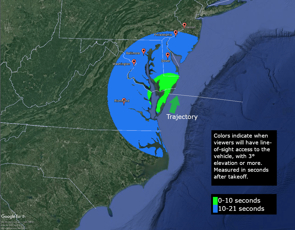 A visibility map showing the mid-Atlantic region. The map shows how many seconds after that people in the area, weather permitting, may be able to see the Terrier-Improved Malemute sounding rocket in the sky.