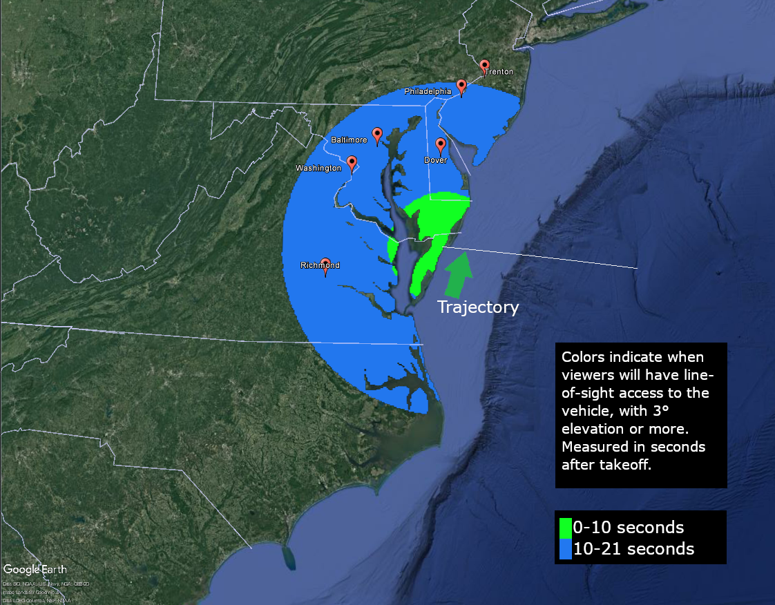 A visibility map showing the mid-Atlantic region. The map shows how many seconds after that people in the area, weather permitting, may be able to see the Terrier-Improved Malemute sounding rocket in the sky.