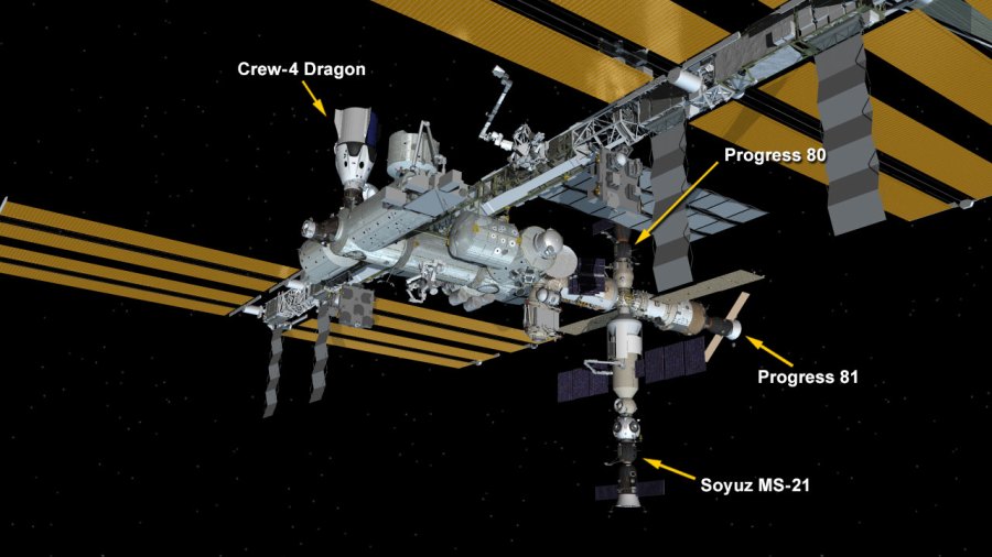 Aug. 19, 2022: International Space Station Configuration. Four spaceships are docked at the space station including the SpaceX Crew Dragon Freedom and Russia's Soyuz MS-21 crew ship and the Progress 80 and 81 resupply ships.