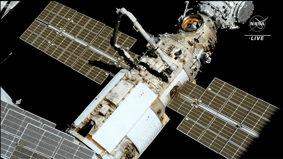The European robotic arm is seen attached to the Nauka module of the International Space Station, the worksite for todayâs spacewalk by two cosmonauts.