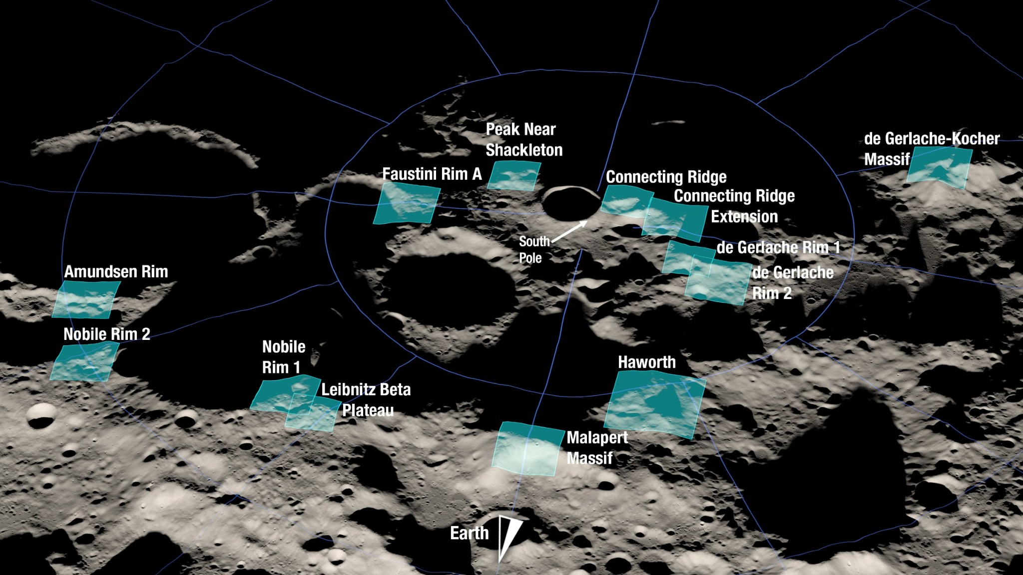 Shown here is a rendering of 13 candidate landing regions for Artemis III. Each region is approximately 9.3 by 9.3 miles (15 by 15 kilometers).