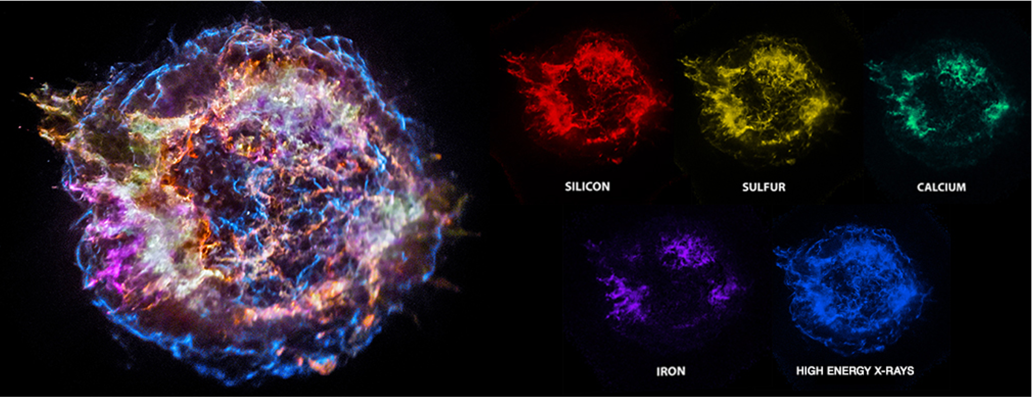 Image of the Cas A remnant, with different layers within the remnant assigned different colors. Each color is labeled with the element it represents.