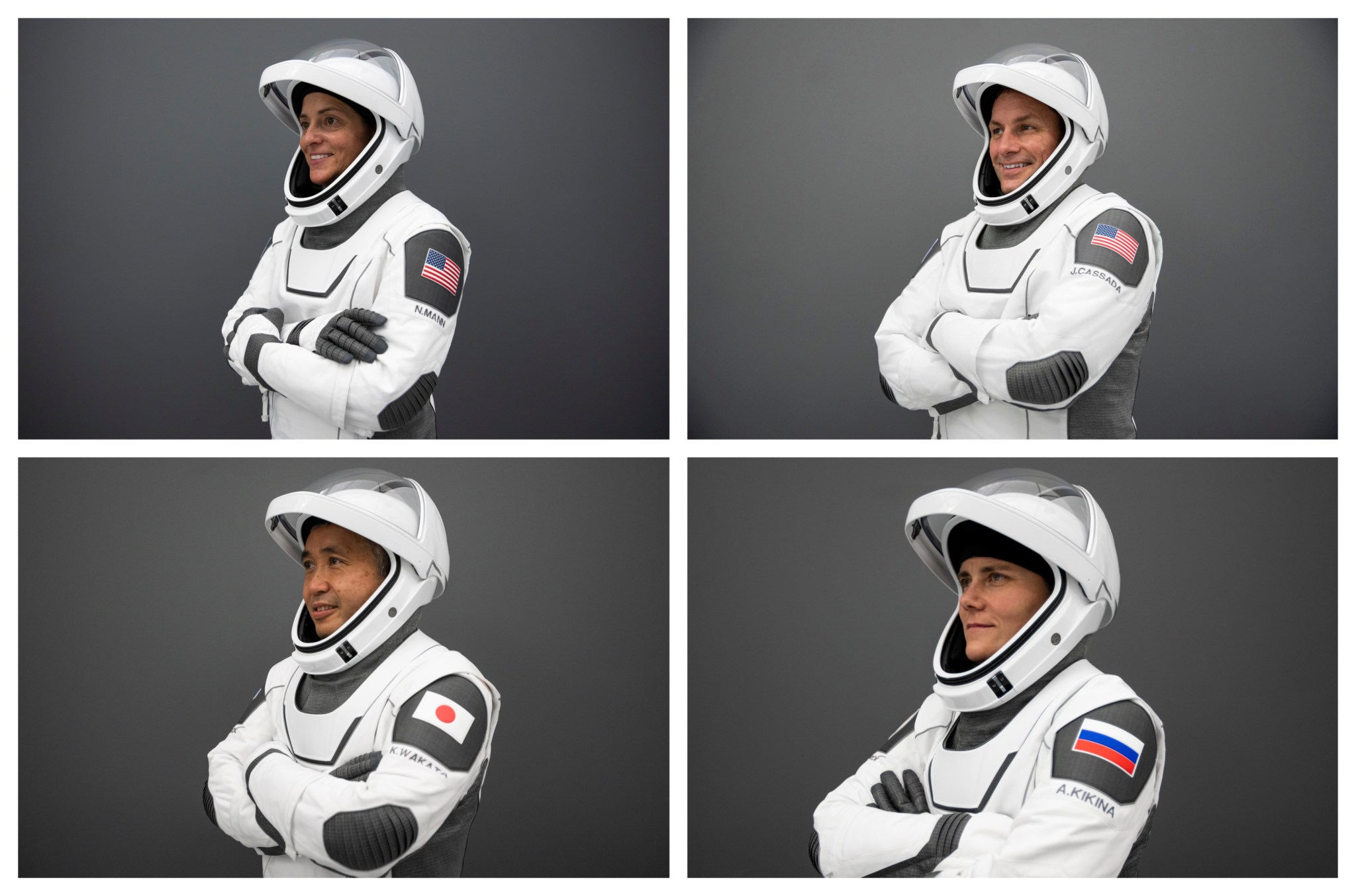 A collage of NASA’s SpaceX Crew-5 from left to right, top to bottom :NASA astronauts Nicole Mann and Josh Cassada, JAXA (Japan Aerospace Exploration Agency) astronaut Koichi Wakata, and Roscosmos cosmonaut Anna Kikina. 