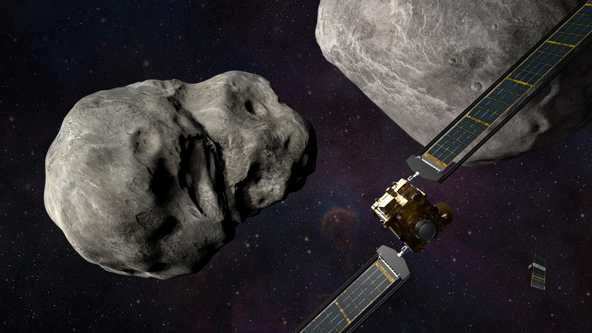 Illustration of NASA’s DART spacecraft and the Italian Space Agency’s (ASI) LICIACube prior to impact at the Didymos binary system. 