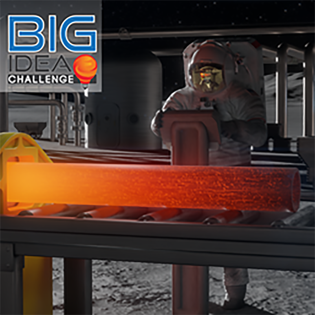 Illustration of various production pipeline processes on the lunar surface with the BIG Idea Challenge logo