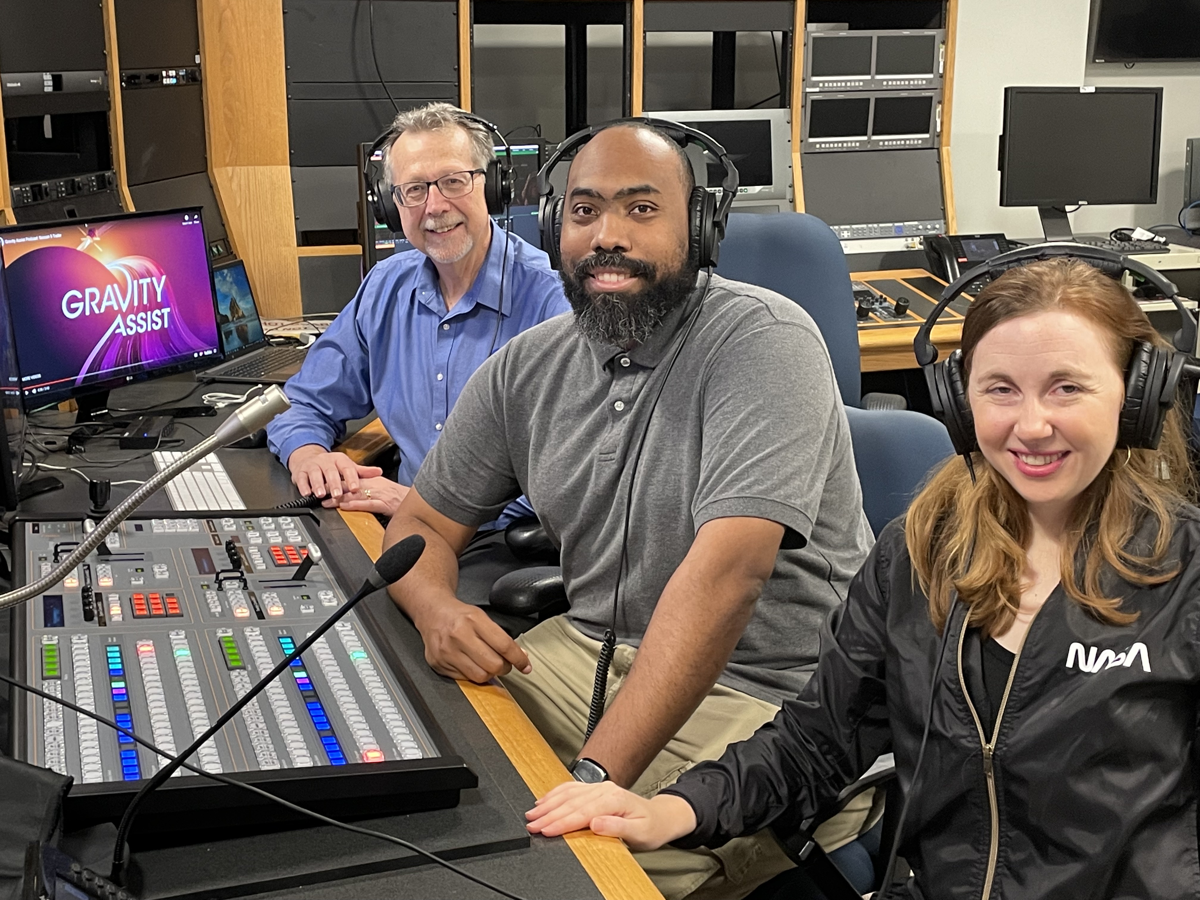 Jim Green, Manny Cooper, and Elizabeth Landau in the audiovisual production studio at NASA Headquarters in Washington. 