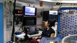 HERA crew member Monique Garcia watches her spacecraft ?launch? on a monitor during a simulated mission to Mars.