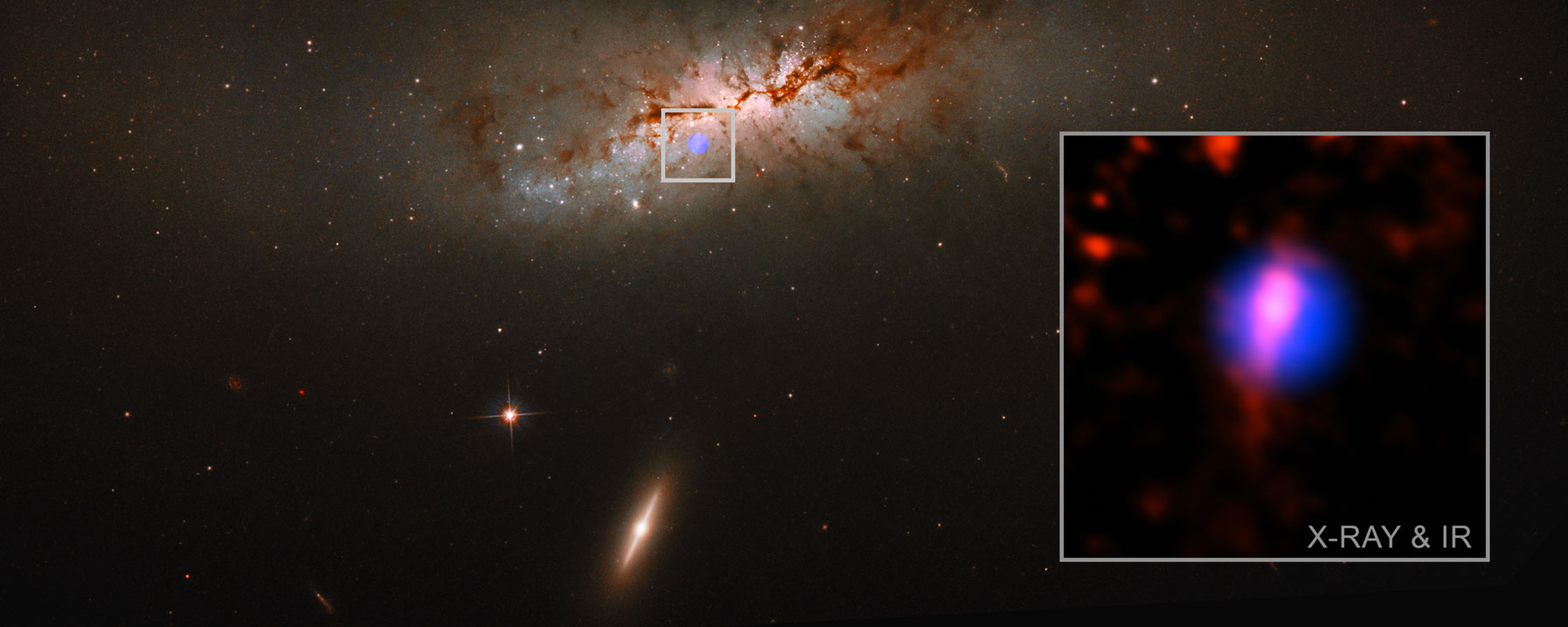The inset features a close-up view of NGC 4424 that shows Chandra X-ray data (blue) plus a version of the optical data (red) that has had light from a model of NGC 4424 subtracted from the image to show other faint features.