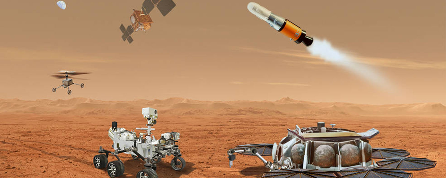 This illustration shows a concept for multiple robots that would team up to ferry to Earth samples collected from the Mars surface by NASA's Mars Perseverance rover.