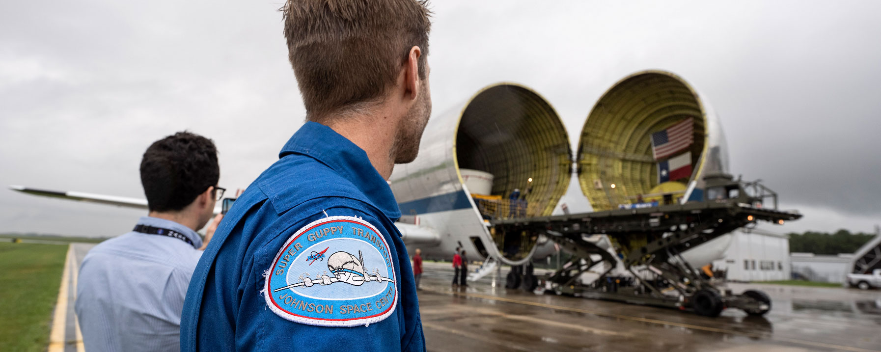 NASA's Super Guppy aircraft arrives at NASA's Marshall Space Flight Center in Huntsville, Alabama, Aug. 10. The specialized aircraft can carry bulky or heavy cargo that cannot fit on traditional aircraft.
