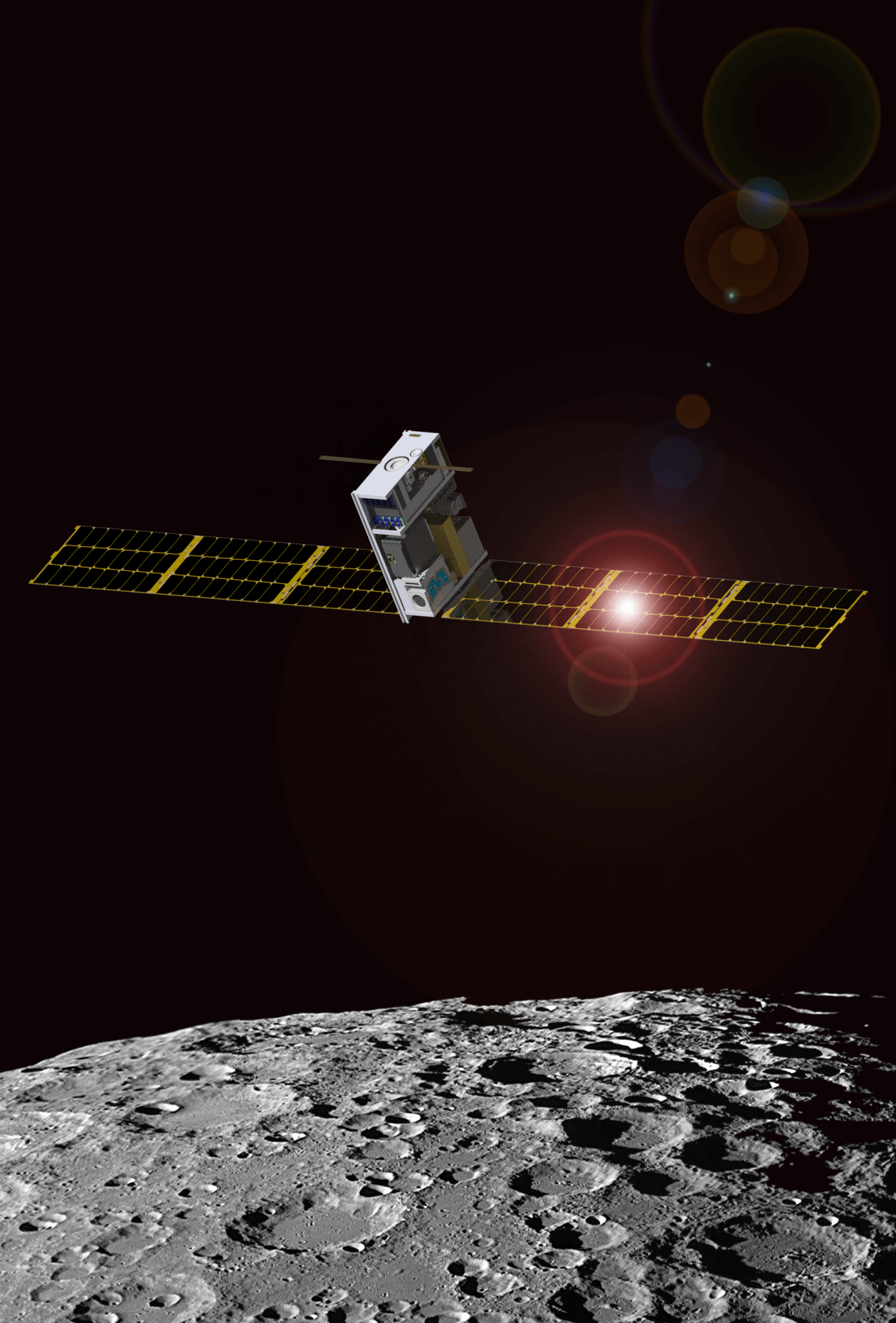 Lunar IceCube - black and yellow above grey lunar surface