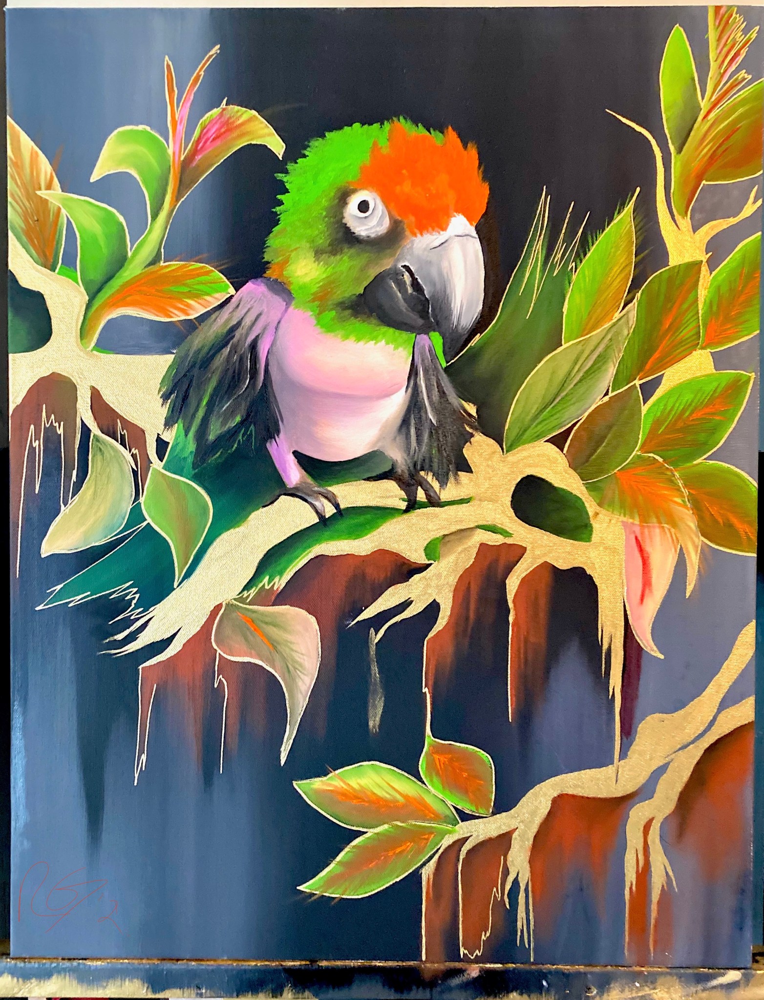 A painting of a green and red tropical bird standing on foliage.