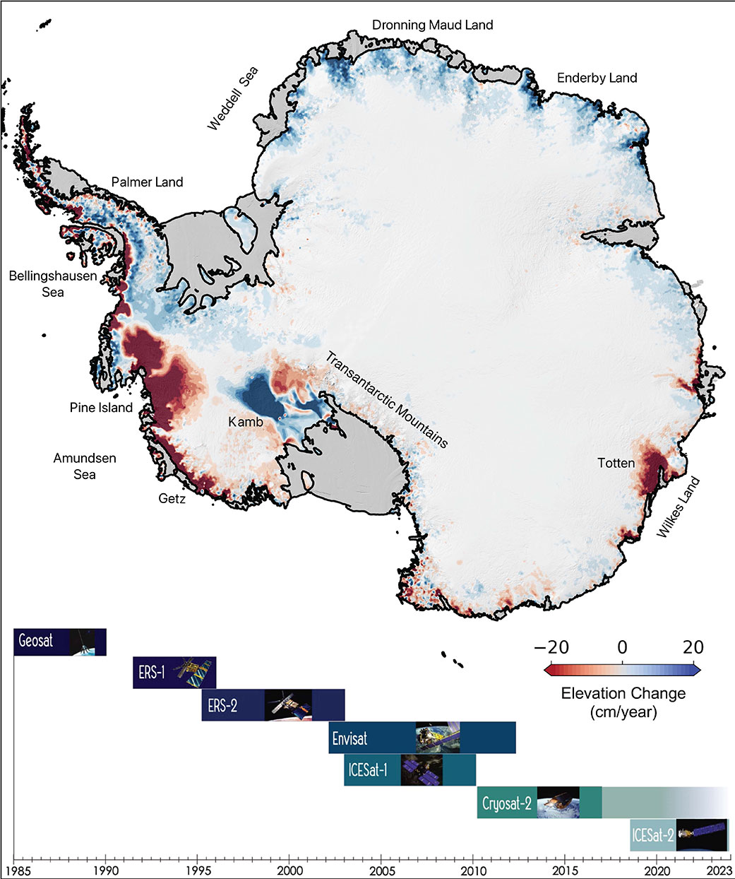 Changes in elevation of the Antarctic ice sheet from 1985 to 2021