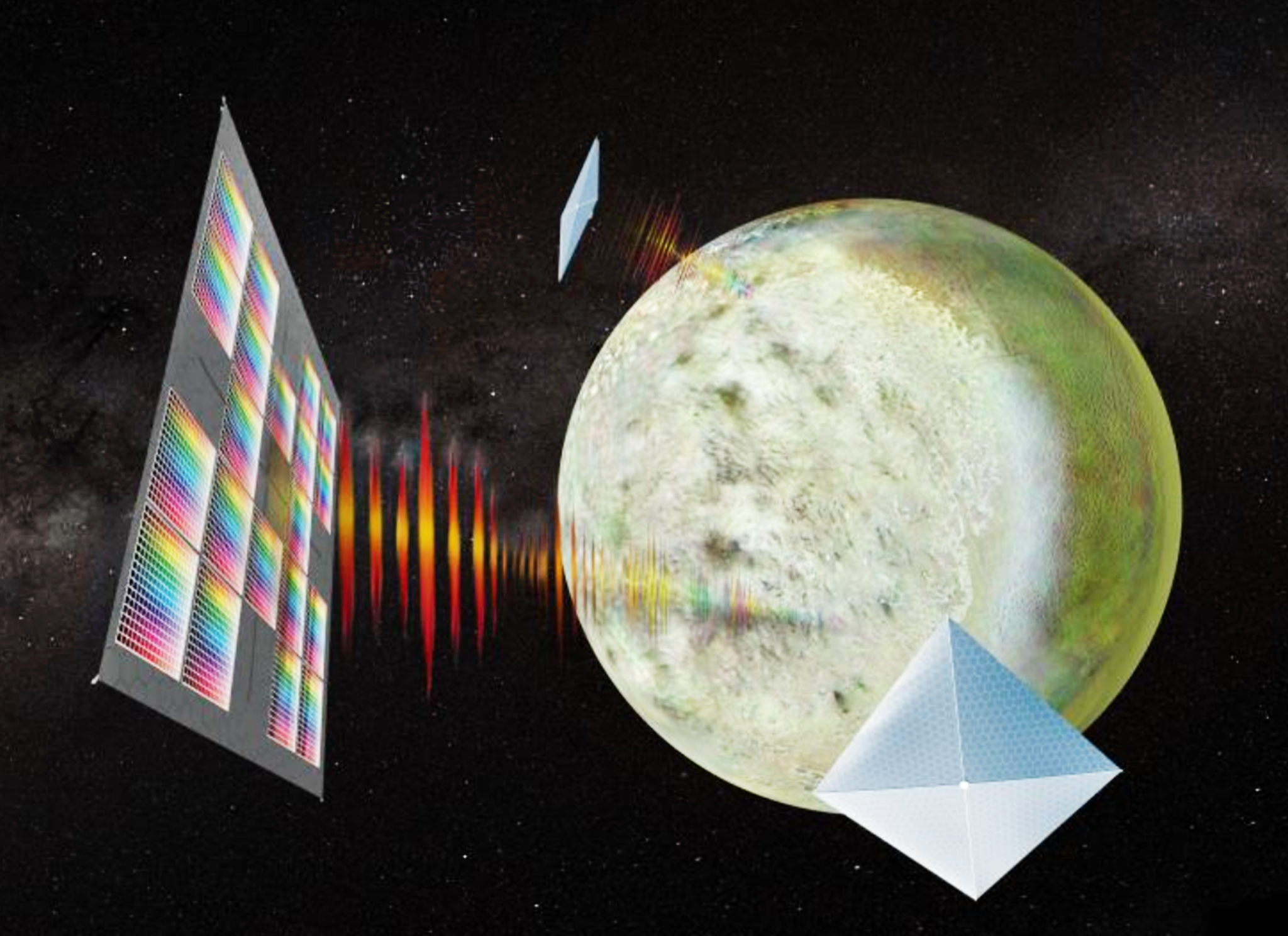 a pale moon orbited by several rectangular sail craft collecting light data - represented by bars of color