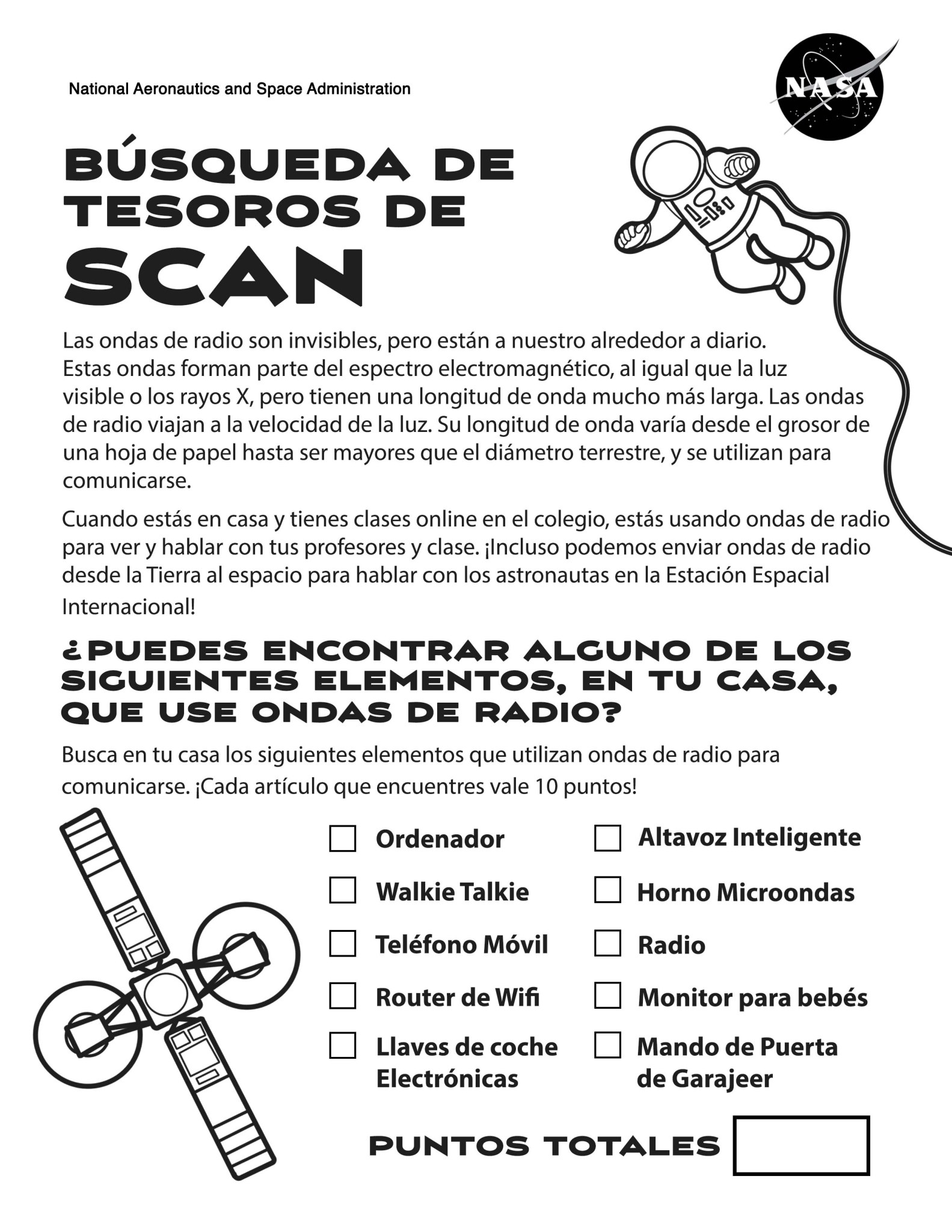 Image of a NASA Space Communications and Navigation scavenger hunt activity. The image is in black and white.