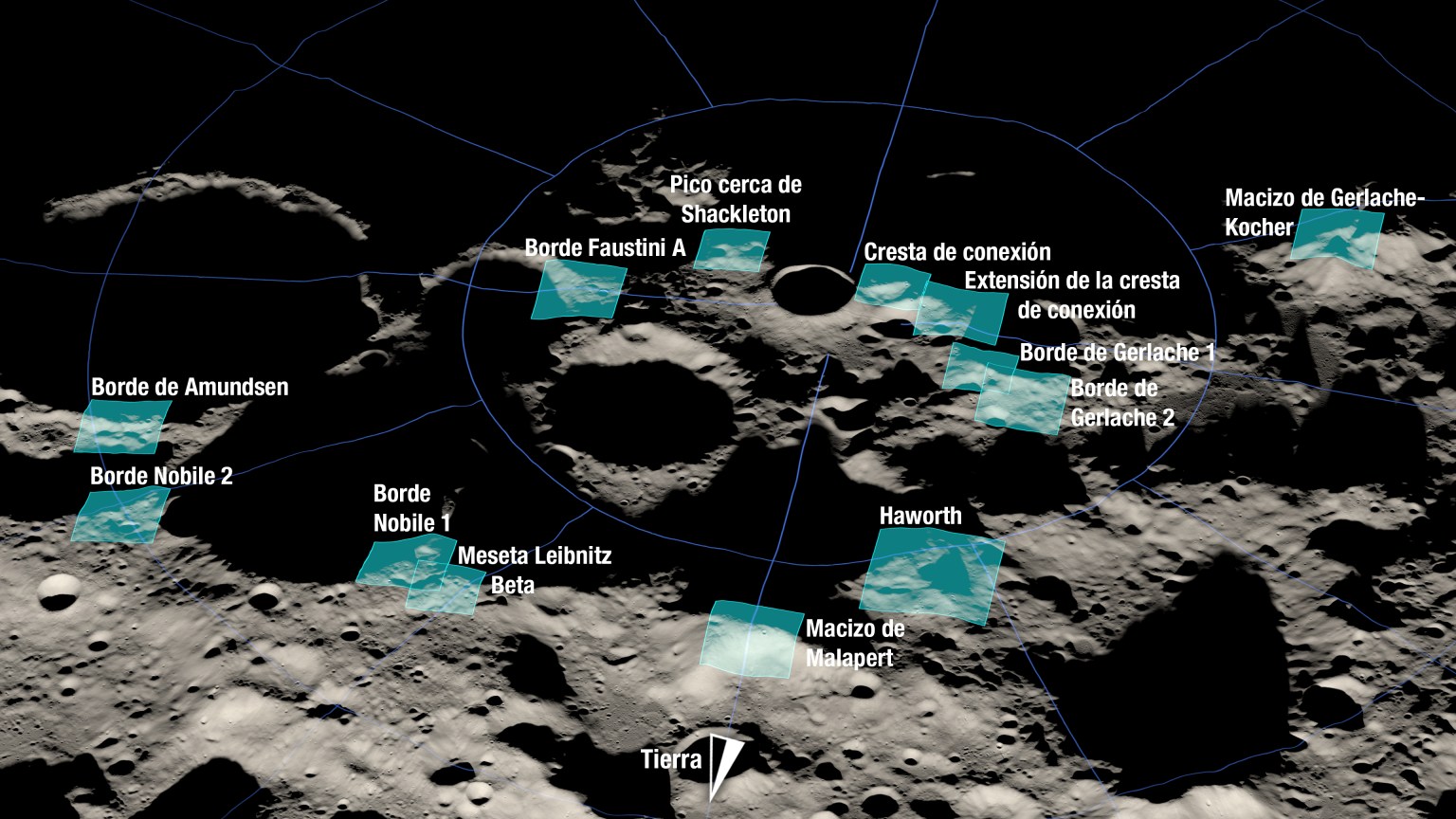 Aquí se muestra una representación de las 13 regiones candidatas para el aterrizaje de Artemis III. Cada región mide aproximadamente 15 por 15 kilómetros (9,3 por 9,3 millas).