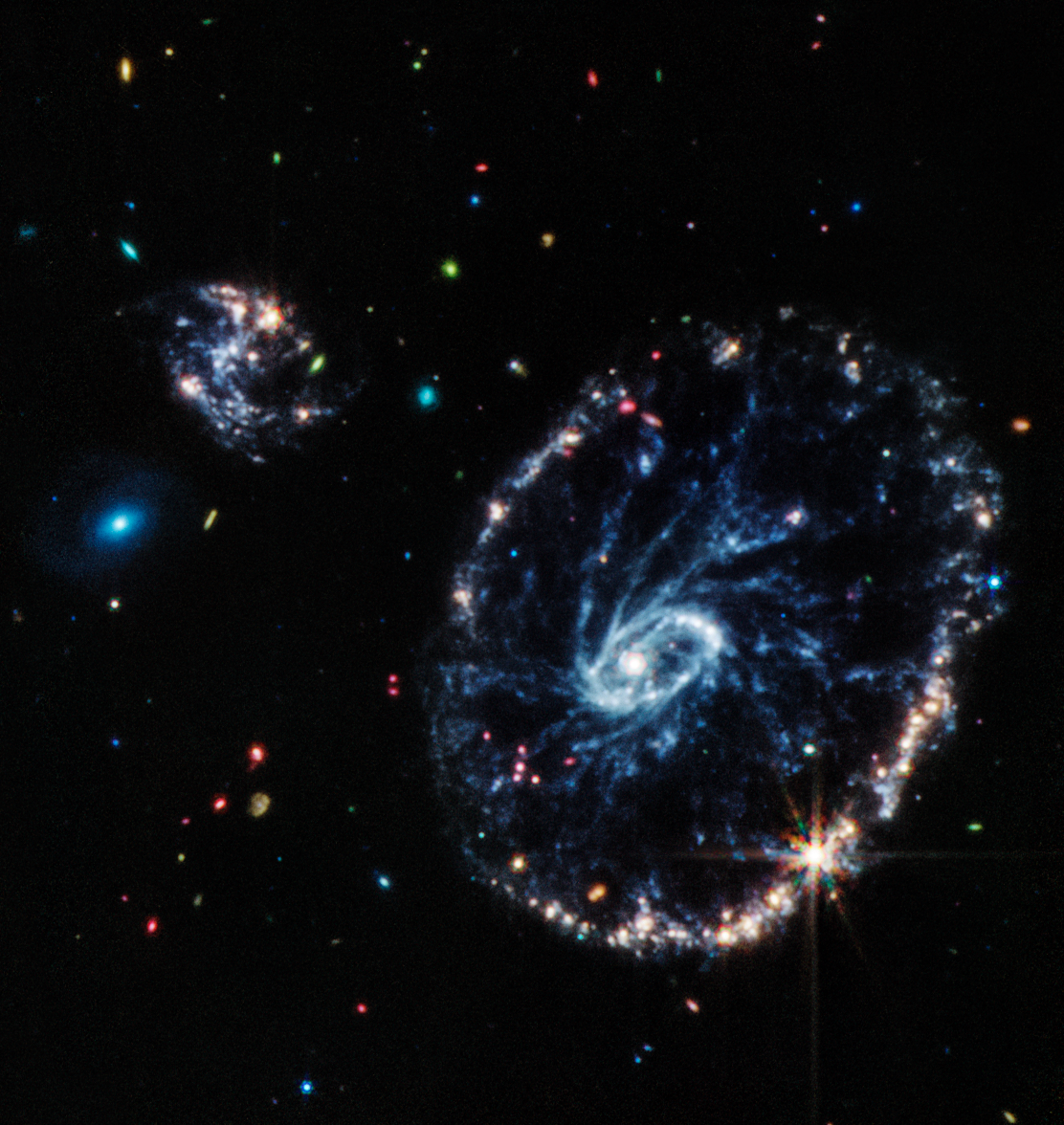 A large blue, speckled galaxy resembling a wheel with gold spots along the outer ring, a small, inner oval, with dusty blue in between. Two smaller galaxies, one a fuzzy blue spot and the other similar to the larger galaxy, all against a black background.