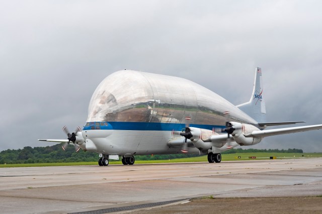 NASA's Super Guppy aircraft arrives at NASA's Marshall Space Flight Center in Huntsville, Alabama, Aug. 10.