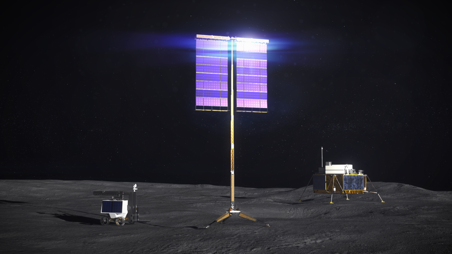 Vertical solar arrays, pictured in this illustration, will help power exploration of the Moon under Artemis.