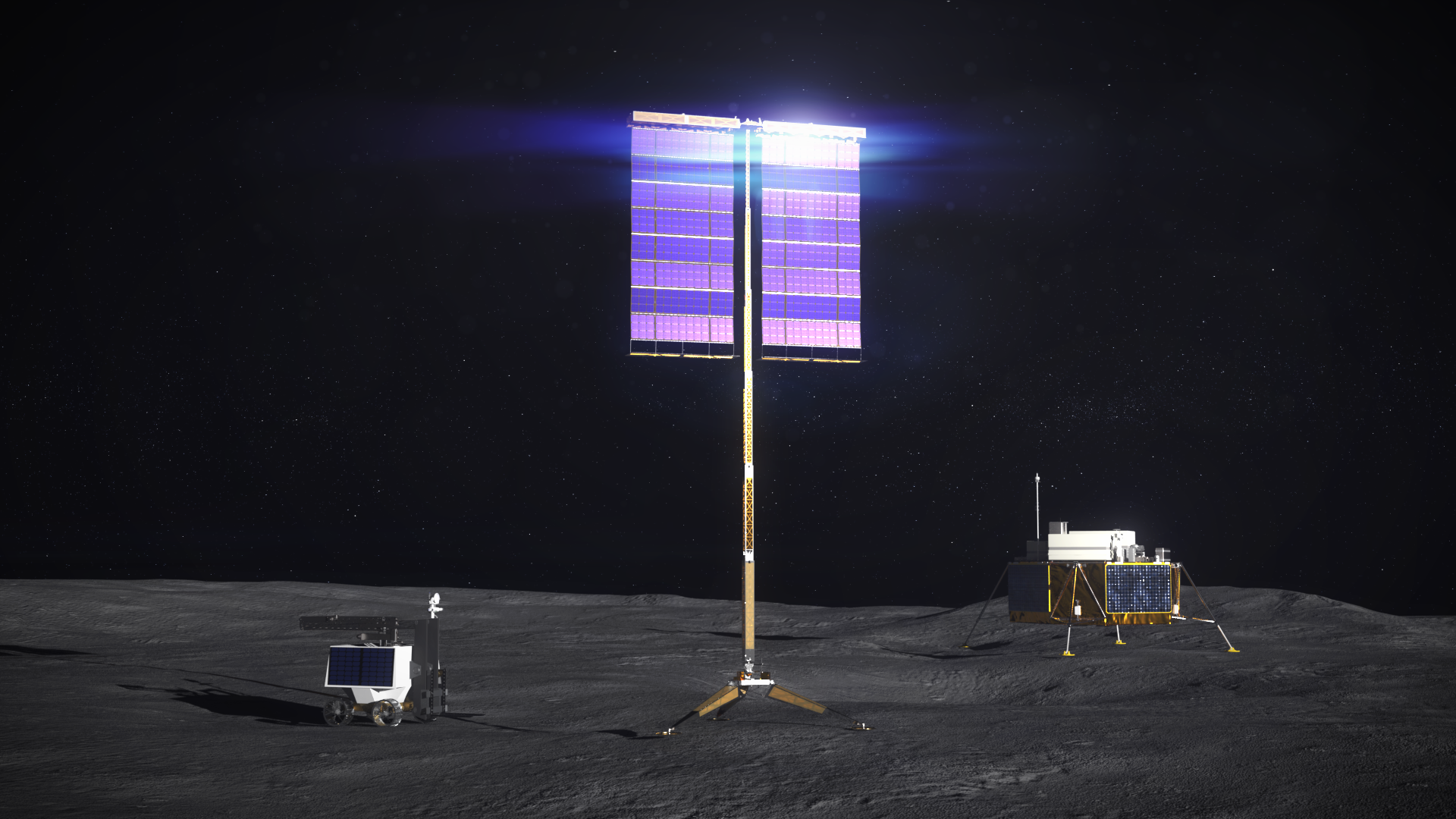 Vertical solar arrays, pictured in this illustration, will help power exploration of the Moon under Artemis. 