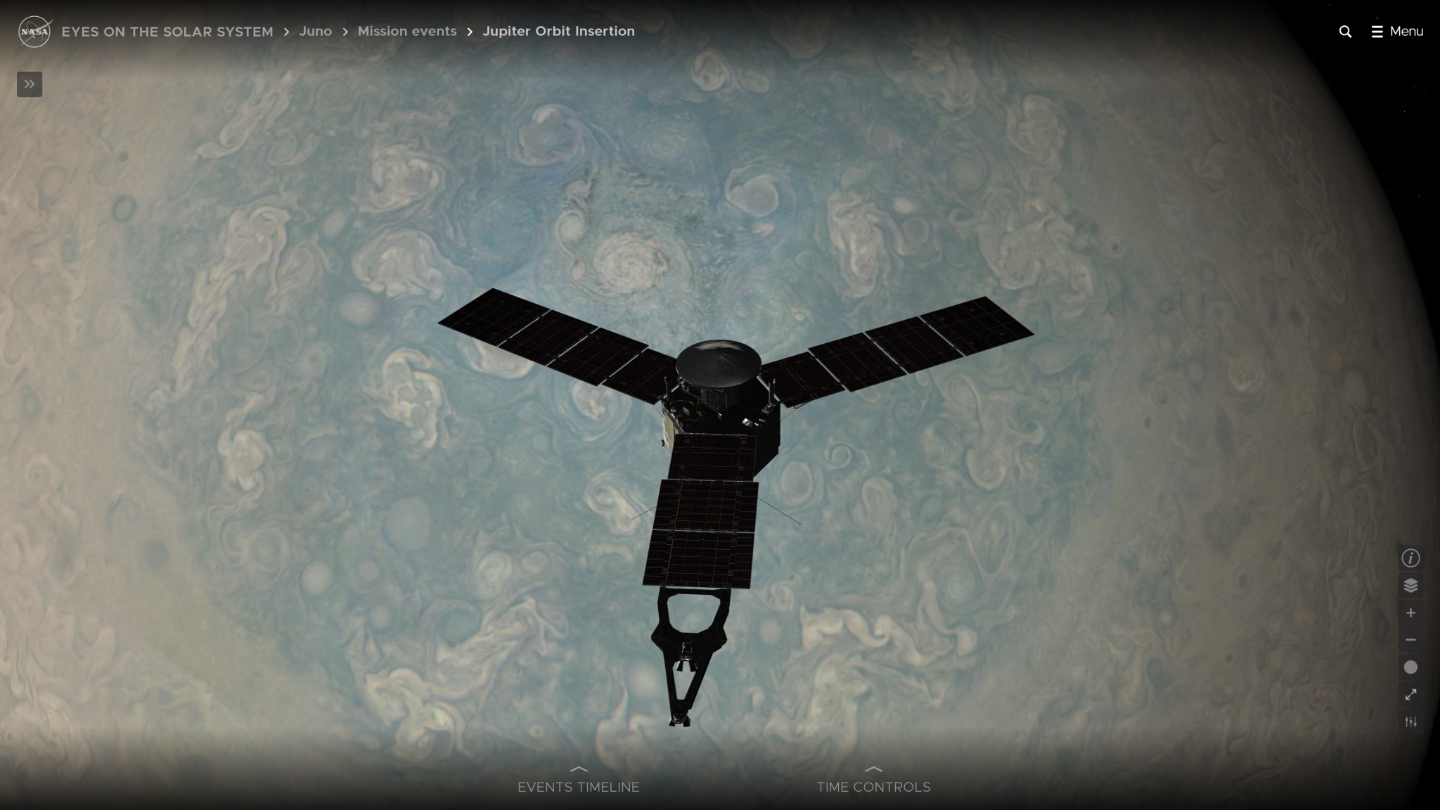 Screenshot of NASA’s Eyes on the Solar System displaying Juno, seen here flying by Jupiter.
