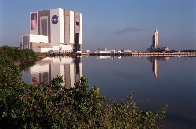 Space shuttle Discovery rolls from the Vehicle Assembly Building at Kennedy Space Center to the launch pad on April 23, 1999