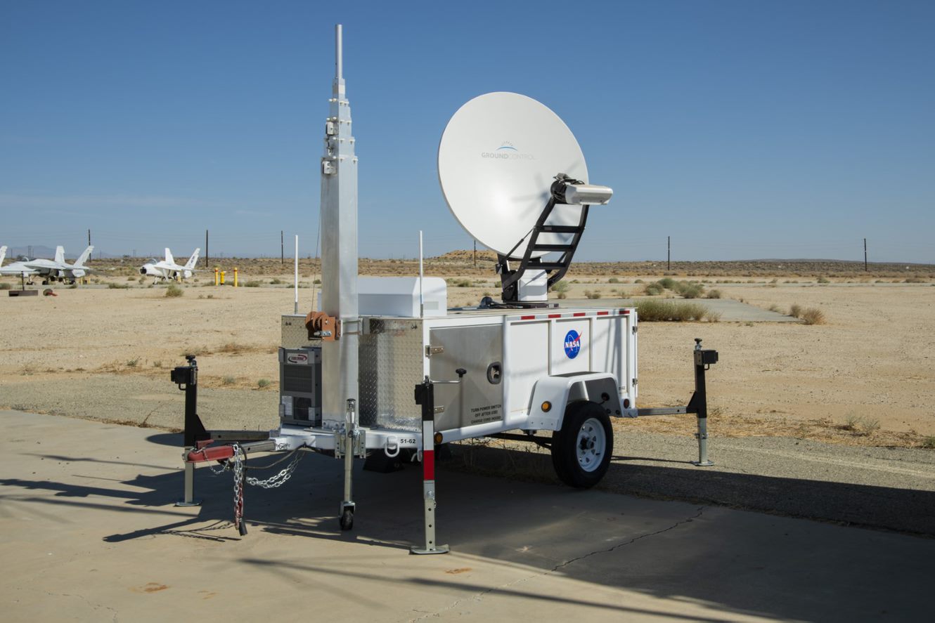 The MOF’s satellite communications trailer, pictured apart from the main vehicle in Edwards, California, Wednesday, July 20, 2022. The trailer supports an antenna that provides internet capability when in the field. 