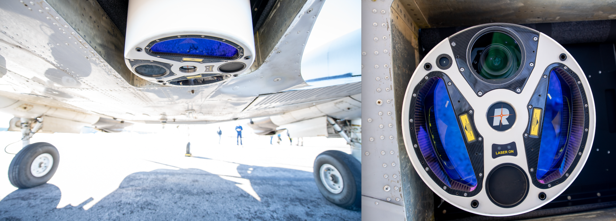 two photos of a radar instrument on the left the lidar aboard a plane, on the right a close-up of the instrument