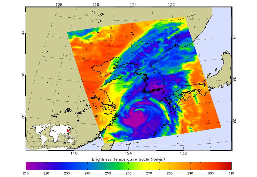 NASA’s AIRS instrument imaged Typhoon Hinnamnor on the afternoon of Sept. 5. This image captured Hinnamnor – the first super typhoon of the Western Pacific season – as it spiraled northward through the East China Sea.