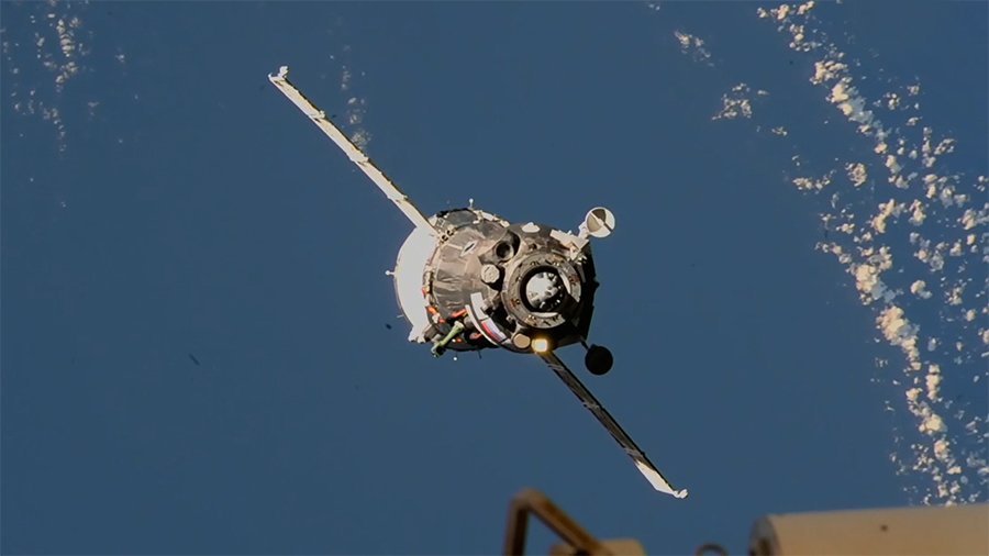 The Soyuz MS-22 crew ship approaches the space station above the Mediterraneran Sea with three new crew members for a docking to the Rassvet module.