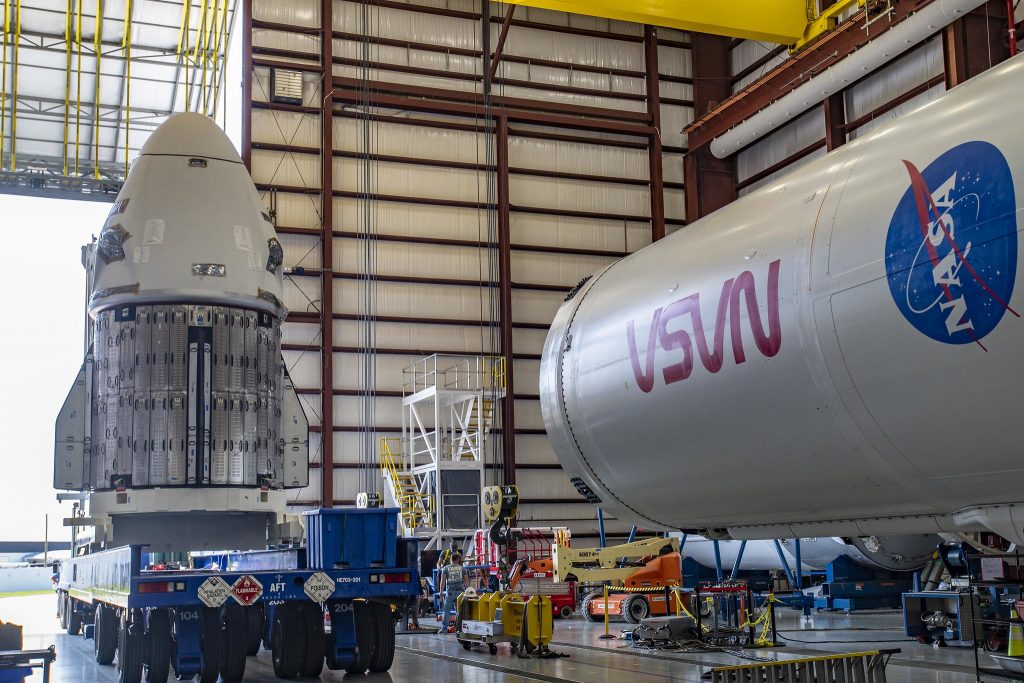 The Dragon Endurance spacecraft for NASA’s SpaceX Crew-5 mission arrives at the hangar at Kennedy Space Center’s Launch Complex 39A on Sept. 23, 2022.