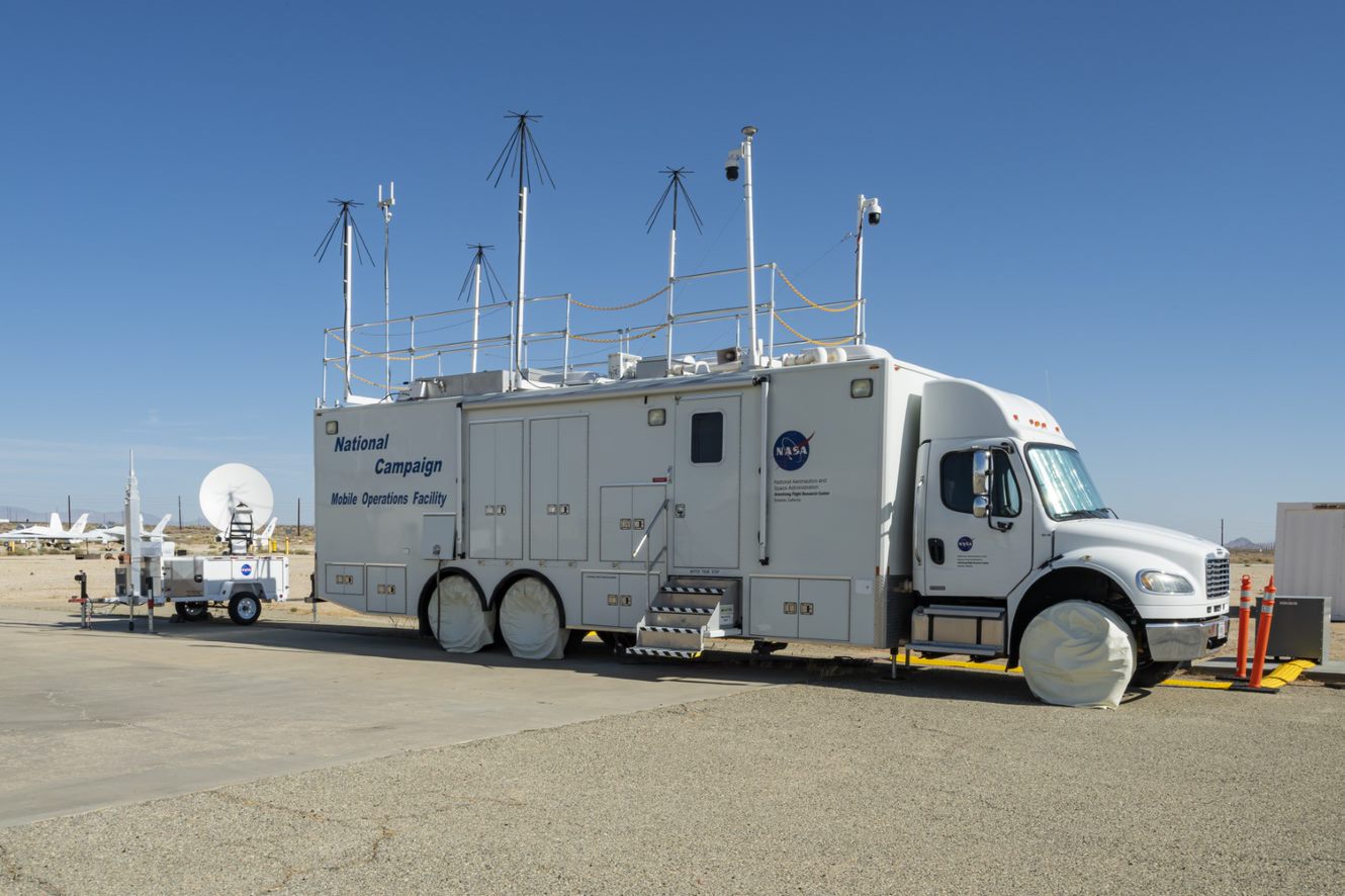 The newly upgraded NASA Mobile Operations Facility rests at its primary home at NASA’s Armstrong Flight Research Center in Edwards, California