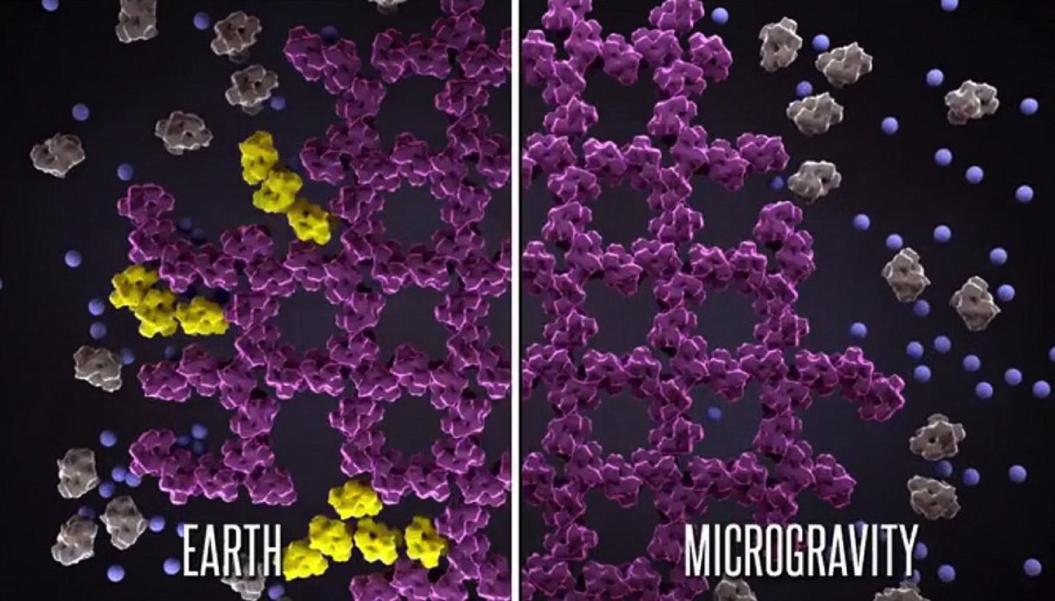 diagram showing differences of crystal growth in Earth's gravity versus microgravity