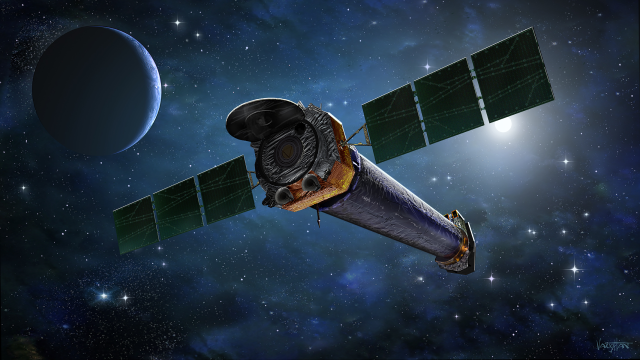 Illustration of the Chandra X-ray Observatory spacecraft in space, near a blue planet with swirling clouds, and a dark background filled with twinkling stars