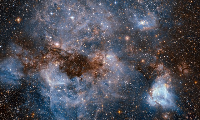 This shot from the NASA/ESA Hubble Space Telescope shows a maelstrom of glowing gas and dark dust within one of the Milky Way?s satellite galaxies, the Large Magellanic Cloud (LMC).