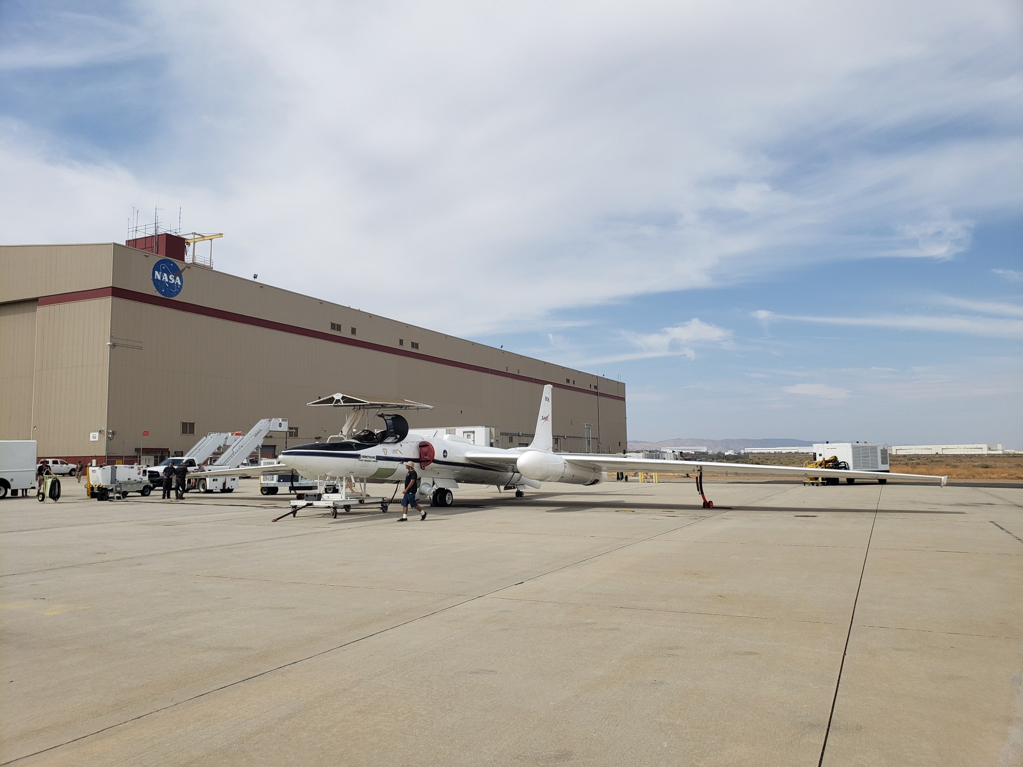 A photo of a NASA ER-2 high-altitude aircraft with the AVIRIS and HyTES instruments installed.