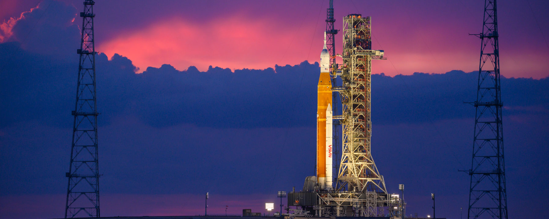 NASA’s Space Launch System (SLS) rocket with the Orion spacecraft aboard is seen atop the mobile launcher at Launch 39B at NASA’s Kennedy Space Center in Florida. 