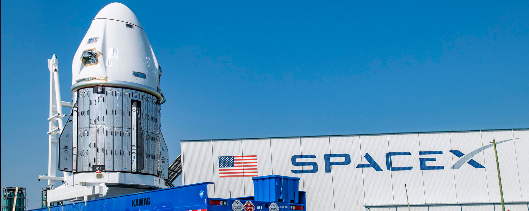 The Crew Dragon Endurance spacecraft for NASA’s SpaceX Crew-5 mission arrives at the hangar at Kennedy Space Center’s Launch Complex 39A in Florida on Sept. 23, 2022.